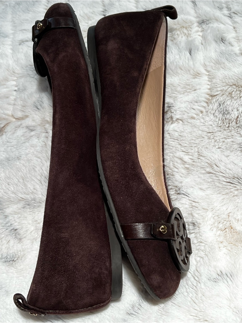 Tory Burch Dark Brown Suede Logo Ballet Flats Sz-6 - Picture 4 of 6